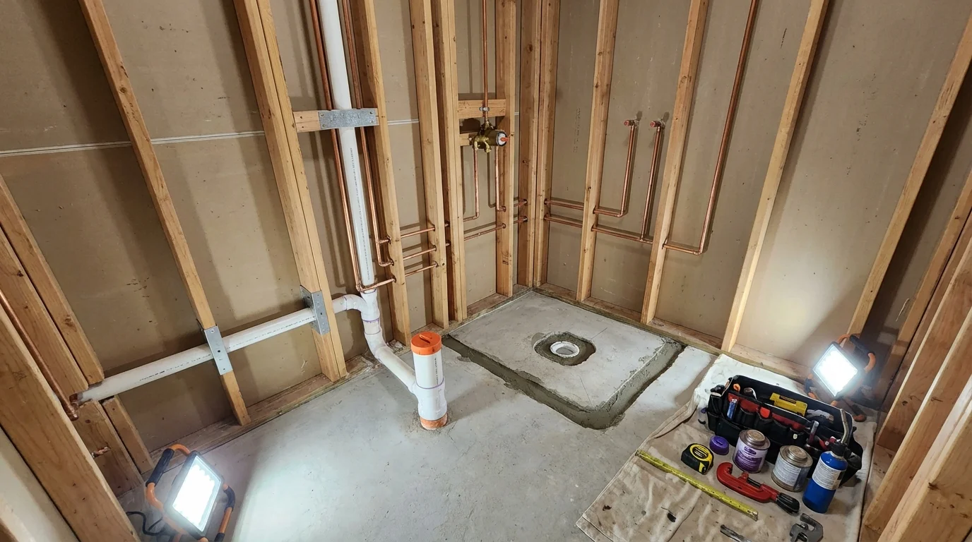 Bathroom rough-in plumbing during remodel by Johns Plumbing LLC in Moberly