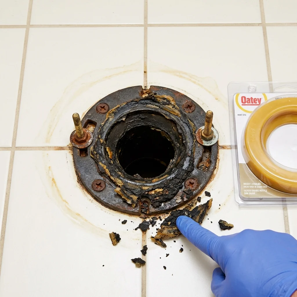 Failed wax ring showing water seepage at the base of a toilet in a Moberly, MO home
