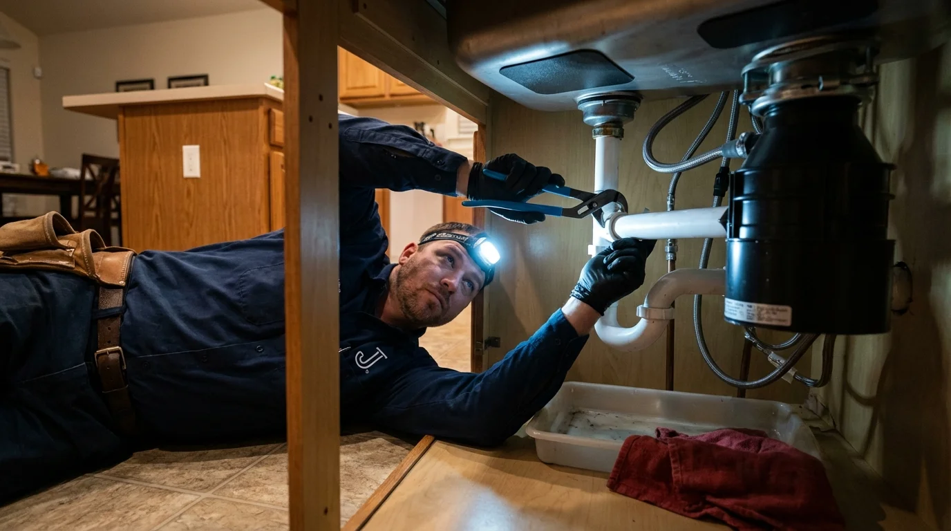 P-trap and supply line connections under a kitchen sink showing a common leak point in Moberly, MO